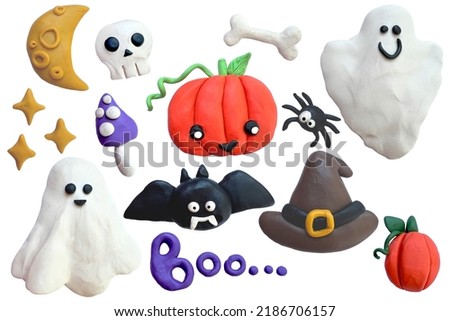 set of cliparts on the theme of halloween. cute 3d plasticine sculptures. funny characters ghost, pumpkin, skull. for kids
