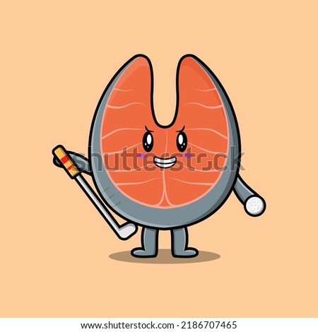 Cute cartoon fresh salmon character playing golf in concept flat cartoon style illustration