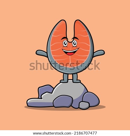 Cute cartoon fresh salmon character standing in stone vector illustration in flat cartoon style