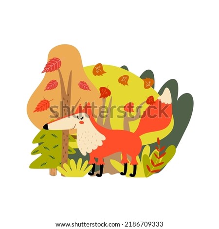 Cute fox in the forest. Funny woodland animal in autumn, among trees. Fall landscape, cartoon character. Hand drawn vector illustration for kids. Flat design. 