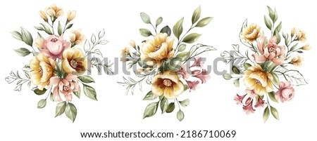 Set of watercolor floral frame bouquets of pink and yellow flowers