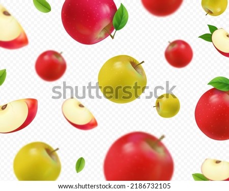 Falling red and green apples isolated on transparent background. Blurred apple fruits realistic 3d vector Royalty-Free Stock Photo #2186732105