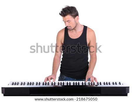 Men playing digital piano. Isolated over white background.