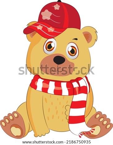 Cute little teddy bear with red cap and scarf.Cartoon style hand drawn vector illustration.