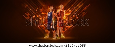 Rivals. Creative artwork with two young female basketball players playing basketball isolated on dark background with neon elements. Concept of sport, team, enegry, competition, skills.