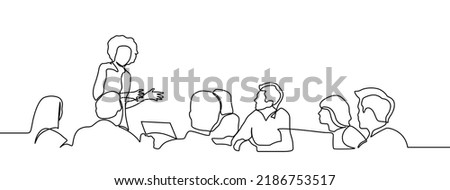 One continuous line drawing of young happy board of directors discussing company profit sharing during meeting. Business training concept. Trendy single line draw design vector graphic illustration Royalty-Free Stock Photo #2186753517