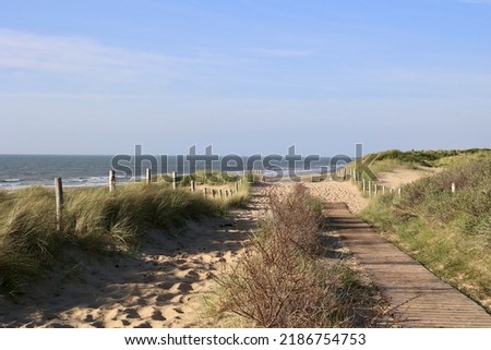 Beautiful sand dunes and wide beaches on the North Sea coast in South Holland, The Netherlands.  Royalty-Free Stock Photo #2186754753