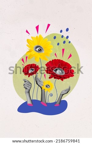 Magazine collage of unusual magic natural world human hands care environment flower plants with looking eye Royalty-Free Stock Photo #2186759841