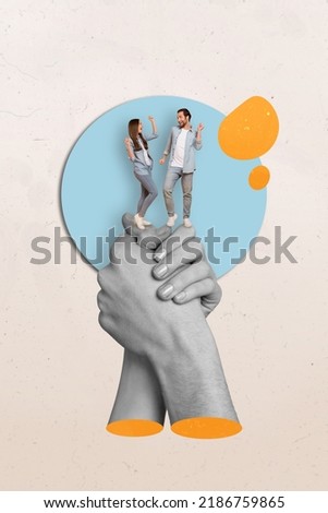 Magazine poster collage of two people lady guy dancing on huge palms holding together unity help love forever concept