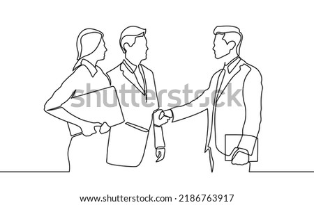 Business discussion of man and woman continuous line drawing one lineart design minimalist vector illustration. Continuous line drawing of business meeting with handshake