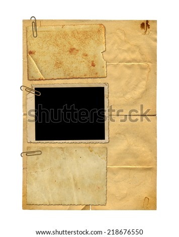 Set of old archival papers and vintage postcard isolated on white background