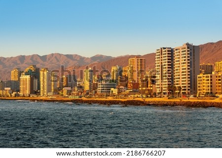 Panoramic view of the coastline of Antofagasta, know as the Pearl of the North and the biggest city in the Mining Region of northern Chile. Royalty-Free Stock Photo #2186766207