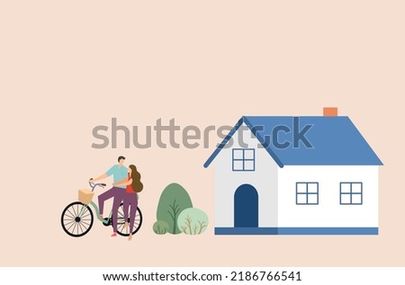  Boy and girl are on bicycle vector, flat design of family and new house vector, flat design of outdoor activity vector, flat design of valentine couple vector, 2 people and outdoor activity.