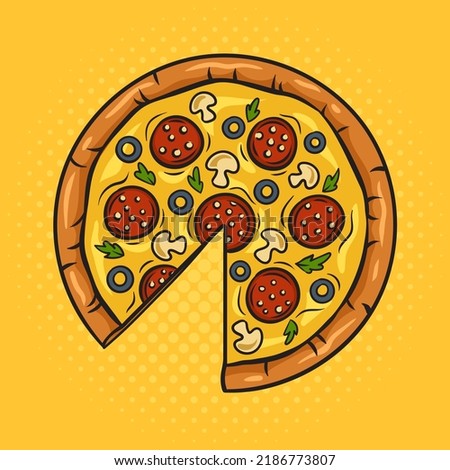 Pizza with pepperoni sausage pop art retro vector illustration. Comic book style imitation.