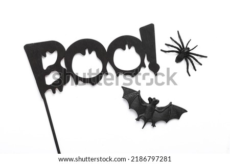 Word boo! on a stick with bat and spider on white background. Happy Halloween. Trick or Treat