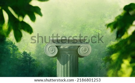 Pillar column ancient Greek in a sunny green forest Royalty-Free Stock Photo #2186801253