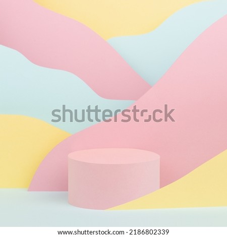 Funny children abstract stage - pink round podium mockup, mountain landscape - pastel pink, yellow, mint color slope in cartoon style, square. Showcase template for advertising, presentation produce.