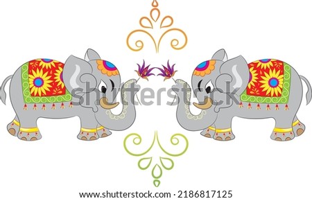 Indian elephant decorated in traditional style.Hand drawn vector illustration of two decorated elephants.