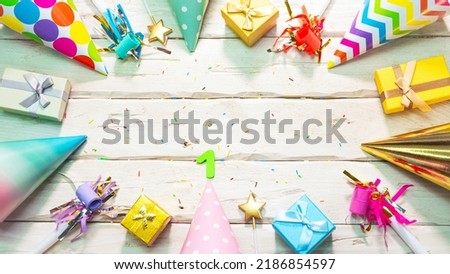 Beautiful colorful greeting card on the background of white boards happy birthday copy space. Beautiful ornaments and decorations festive background. Happy birthday number 1