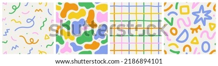 Fun colorful seamless pattern collection. Creative abstract style art background for children. Trendy texture design with basic shapes. Simple childish doodle wallpaper print set. Royalty-Free Stock Photo #2186894101