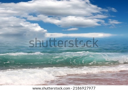 beautiful sunny cloudy sky over sandy sea beach as a great outdoor activity place