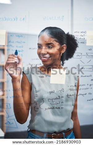 Project manager writing on a whiteboard to plan ideas and visualize business strategy. Focused, confident and thoughtful businesswoman showing ambition and dedication while working in an office
