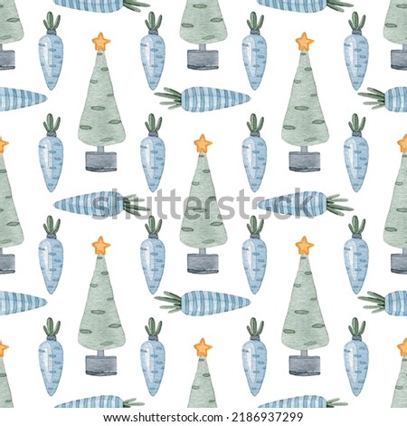 Watercolor seamless pattern with christmas trees and striped carrots on white background