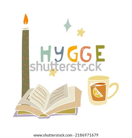Hygge time with tea, candle and book, cute autumn illustration