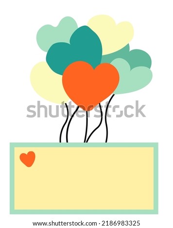 Vector of heart shaped balloons with empty note paper for texts, flat simple birthday or valentines day modern card design isolated on white background.