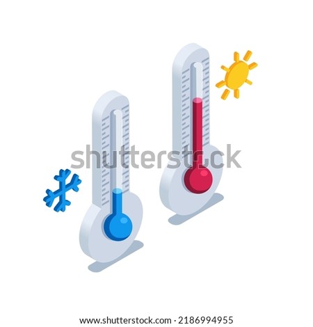 isometric vector illustration isolated on white background, thermometer icon showing air temperature and heat and cold, snowflake and sun Royalty-Free Stock Photo #2186994955