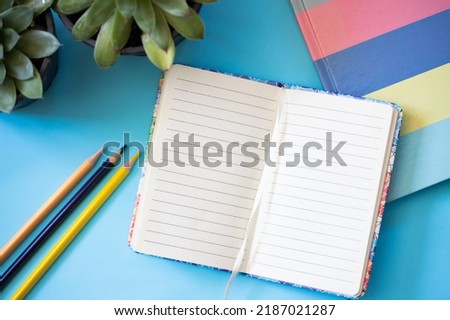 school accessories with notebook and succulents on blue