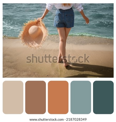 Color palette appropriate to photo of young woman with straw hat near sea on sunny day