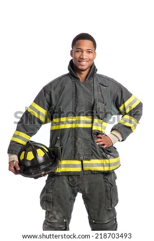 African American  firefighter standing portrait isolated on white background