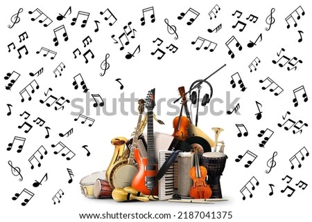 various musical instruments on a white background There are various types of musical notes and sizes around them, suitable for use in music, education and art advertising.