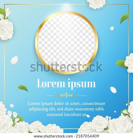 Blue background white jasmine Flower with mother day Thai traditional concept. Royalty-Free Stock Photo #2187056409