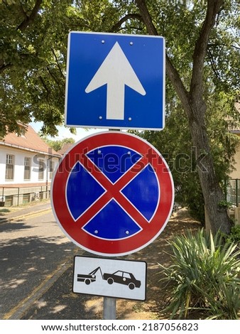 International traffic signs combinations. No parking or No stopping and One-way Street.