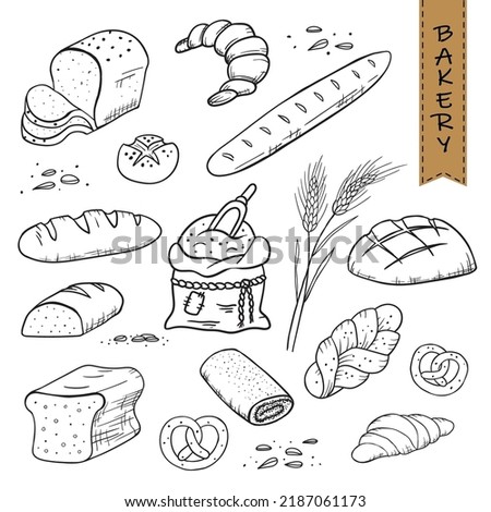 Bakery icons set. Vector hand-drawn illustration with baking bread, baguette, croissant, toast bread, a bag of flour, sprigs of wheat, pretzel, poppy seed roll, loaf, and others. Royalty-Free Stock Photo #2187061173