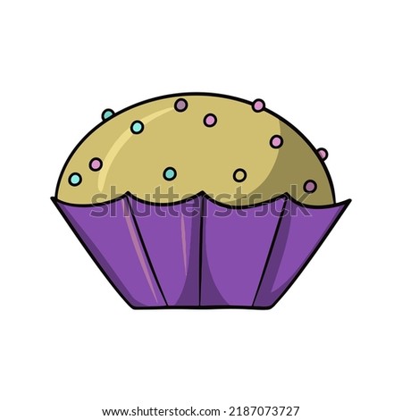 Round cupcake with multicolored round sugar crumbs in a lilac cup, vector illustration in cartoon style on a white background