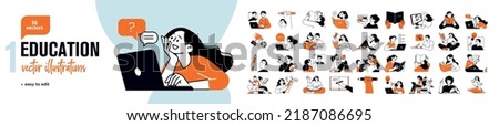 Education concept illustrations. Set of people vector illustrations in various activities of education, learning, reading book, online course and training, back to school. Royalty-Free Stock Photo #2187086695