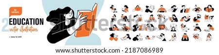 Education concept illustrations. Set of people vector illustrations in various activities of education, learning, reading book, online course and training, back to school. Royalty-Free Stock Photo #2187086989