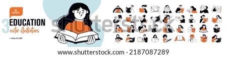 Education concept illustrations. Set of people vector illustrations in various activities of education, learning, reading book, online course and training, back to school. Royalty-Free Stock Photo #2187087289