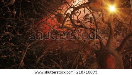 Microscopic view of 3D neurones within the brain, showing semi-transparent network of nerves, interneurons, axons, axon terminals, dendrites, synaptic clefts, nucleus, and cell body with background. Royalty-Free Stock Photo #218710093