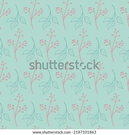 Pink plant on green mint seamless pattern for textile design and vector illustration