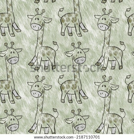 Cute safari wild giraffe animal pattern for babies room decor. Seamless african furry green textured gender neutral print design. 