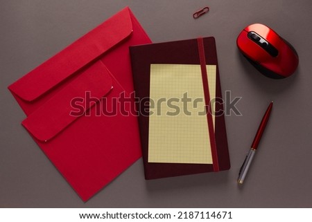 Office stationary supplies and notebook at paper table background texture. Business flat lay concept idea