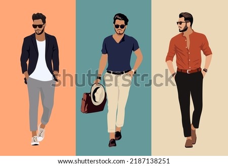 Set of fashion men in modern trendy outfits. Stylish guys with beard wearing  casual summer clothes and sunglasses. Colored realistic vector illustrations of fashionable men isolated.