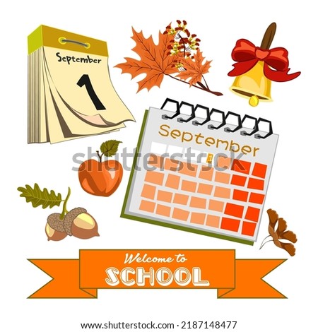 Welcom to school vector set of elements. Big educational clipart collection. Cute autumn school set of calendar, school bell with red bow, apple, acorns, maple leaves, and banner with lettering