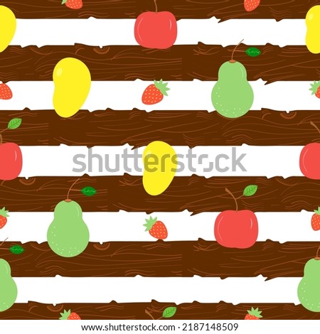 Fruit tree bark stripes with fruits seamless pattern. Forest theme tree bark with strawberry, mangoes, pear and apple surface pattern design suitable for textile, fabric, interior, tile and decoration