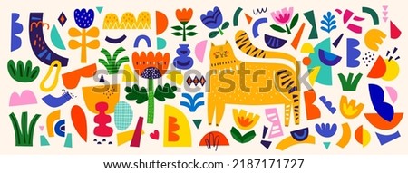 Cute pattern collection with cat. Decorative abstract horizontal banner with colorful doodles and shapes. Hand-drawn modern illustrations with cat, flowers, abstract elements