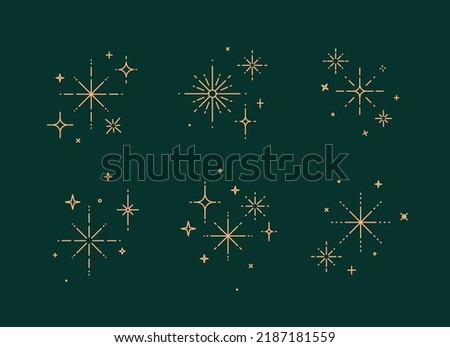 Clink splashes, stars, glowing in flat line art deco style drawing on green background